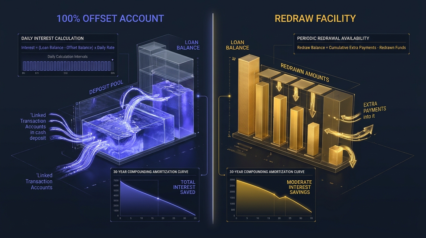 Offset Accounts vs Redraw Facilities: The Math Behind Saving $142,000 on a 30-Year Mortgage